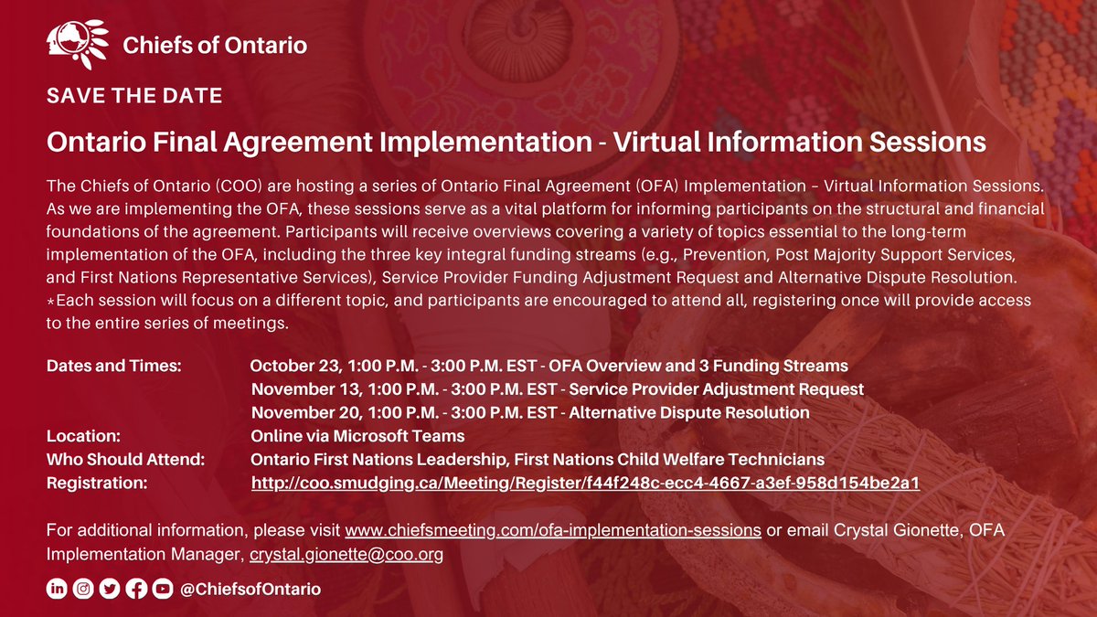 ChiefsofOntario's tweet photo. The Chiefs of Ontario are hosting a series of Ontario Final Agreement (OFA) Implementation – Virtual Information Sessions.

Registration: https://t.co/L6rsKOG5UU

For more information, please visit: https://t.co/h4uCNpSD4Z https://t.co/EFcqltgZZJ