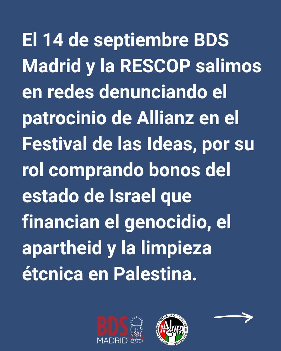 BDSMadrid's tweet photo. Éxito absoluto de la campaña de boicot económico y contra el #Artwashing sionista
1️⃣ Se ha expuesto al festival
2️⃣ Se ha retirado gracias al trabajo conjunto de ponentes y BDS
3️⃣ El festival se celebra sin el patrocinio de @allianz_es
✊🏿 El boicot y la presión funcionan ‼️ https://t.co/eZRC8IkXE0