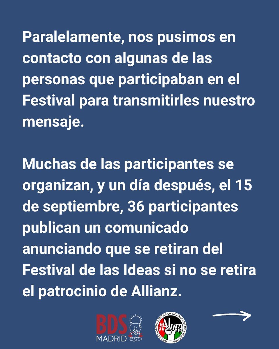 BDSMadrid's tweet photo. Éxito absoluto de la campaña de boicot económico y contra el #Artwashing sionista
1️⃣ Se ha expuesto al festival
2️⃣ Se ha retirado gracias al trabajo conjunto de ponentes y BDS
3️⃣ El festival se celebra sin el patrocinio de @allianz_es
✊🏿 El boicot y la presión funcionan ‼️ https://t.co/eZRC8IkXE0
