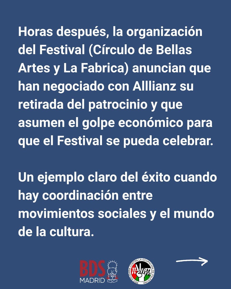 BDSMadrid's tweet photo. Éxito absoluto de la campaña de boicot económico y contra el #Artwashing sionista
1️⃣ Se ha expuesto al festival
2️⃣ Se ha retirado gracias al trabajo conjunto de ponentes y BDS
3️⃣ El festival se celebra sin el patrocinio de @allianz_es
✊🏿 El boicot y la presión funcionan ‼️ https://t.co/eZRC8IkXE0
