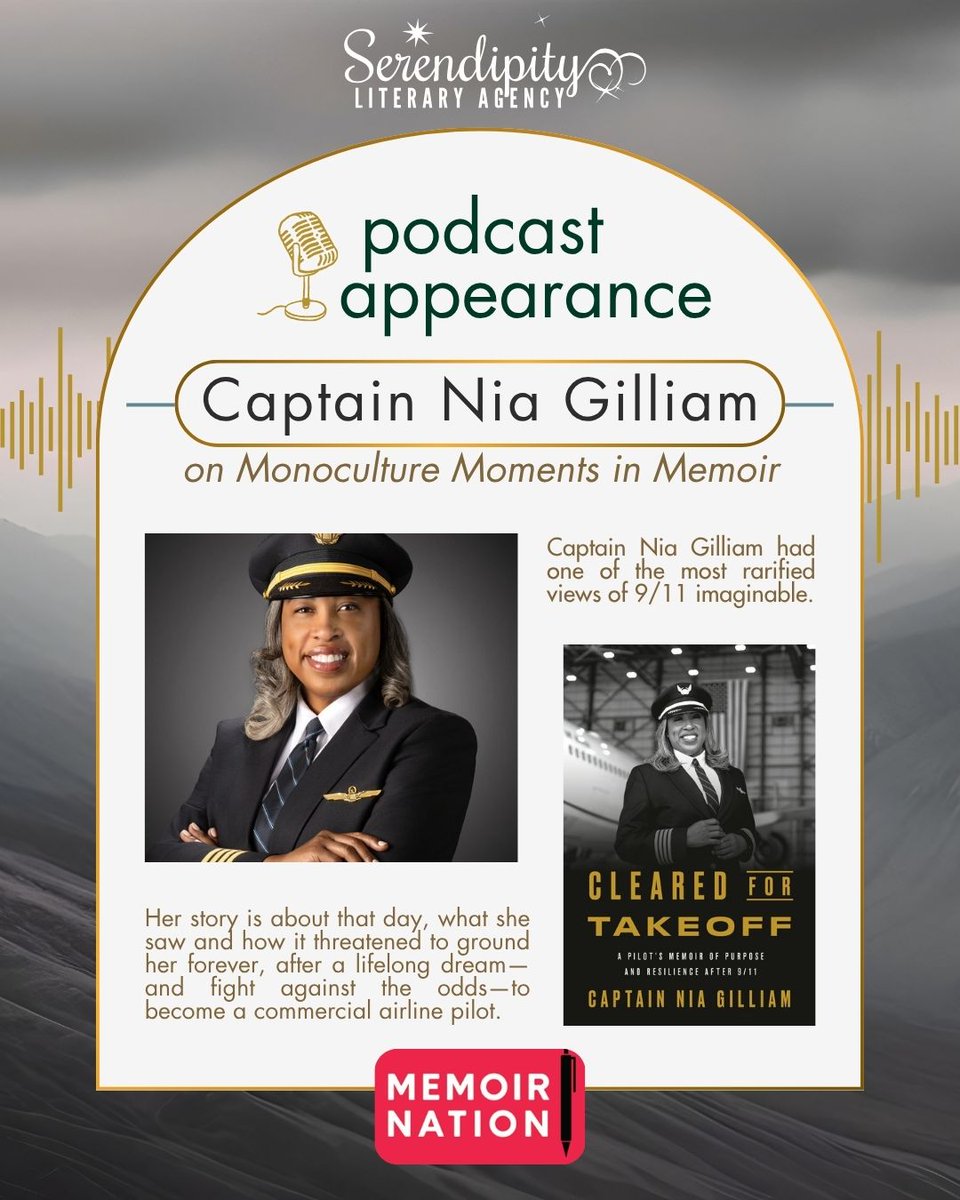 serendipitylit's tweet photo. #SerendipityLit author Captain Nia Gilliam was a guest on a recent episode of the Memoir Nation podcast to discuss her debut memoir, CLEARED FOR TAKEOFF, and reflect on the 25th anniversary of 9/11.

Listen here: https://t.co/tC9f0GHYi8

Out now from @shvoices. https://t.co/BivUsQFNQs