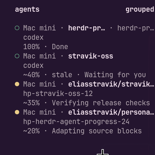 eliasstravik's tweet photo. just built a plugin for @herdrdev that makes agents self-report their ~% progress and what they're working on

install: herdr plugin install eliasstravik/herdr-agent-progress

repo: https://t.co/HOiD3IKV5n

enjoy! https://t.co/wz080Pt829