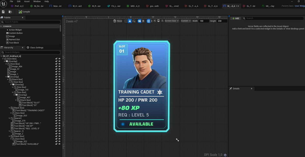 Dontiki33's tweet photo. After a long code refactor, I’m finally back to UI 😅

First test of a reusable card system for character selection, duel modes and more. The hierarchy is still a little messy

#UEFN #FortniteCreative https://t.co/0UkZ7uwAWB