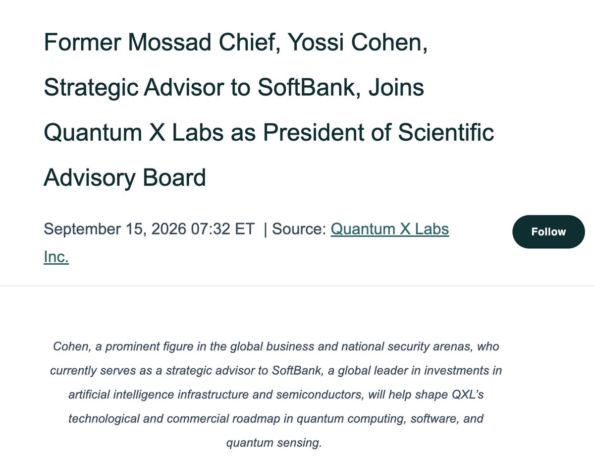PolarizingLit's tweet photo. stumbled on another Israeli quantum company ... $QXL they had news today former Mossad Chief hire .... "up roughly 219% year to date against the S&P's 10.8%, with a 52-week range of $0.96 to $7.70, and it put out a genuine technical milestone on September 3 on geometric encoding for quantum transport simulation."