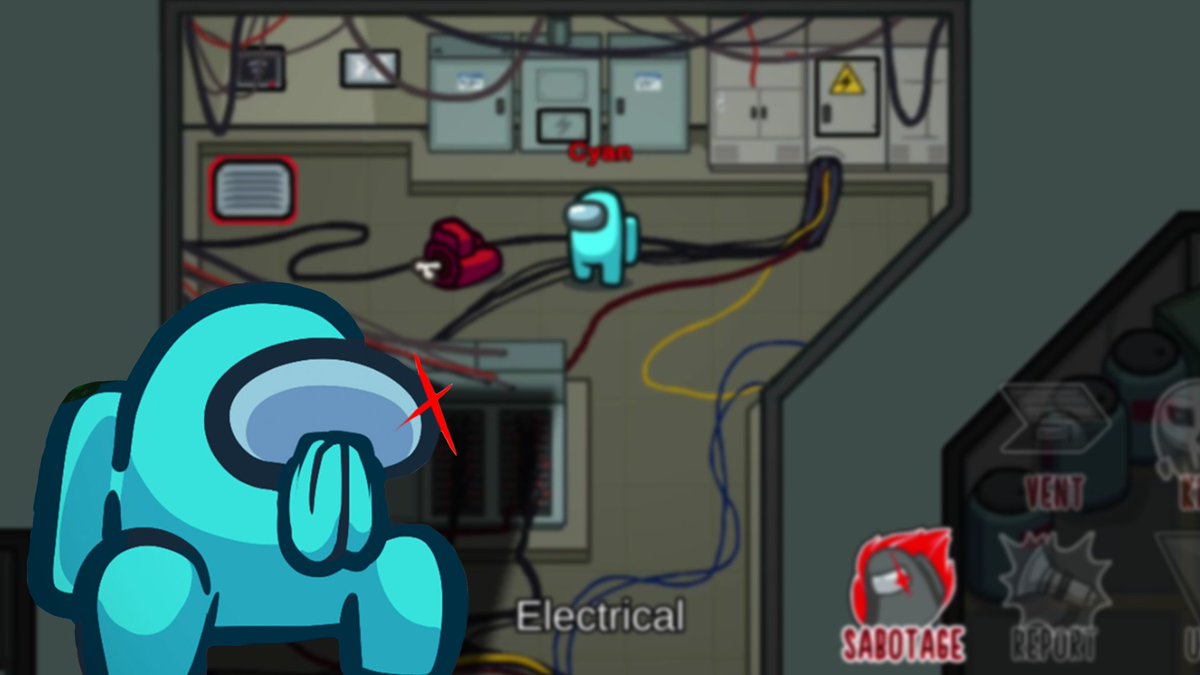 In-game screenshot of a Cyan Impostor killing a Red Crewmate in Electrical with an overlay of Cyan squatting in front of their kill with a Red Shine on their visor.