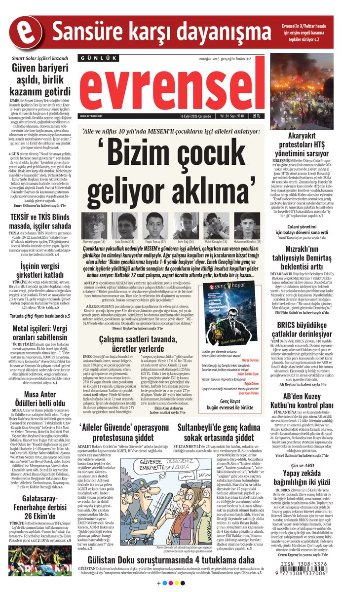 evrenselgzt's tweet photo. 🗞️‘Bizim çocuk geliyor aklıma’

Çocuklarını yoksulluk nedeniyle MESEM’e gönderen işçi aileleri, çalışırken can veren çocukları gördükçe bu cümleyi kuruyorlar endişeyle. Ağır çalışma koşulları ve iş kazalarının bizzat tanığı olan aileler ‘Bizim çocuklarımız hayata 1-0 yenik başlıyor’ diyor. Emek Gençliği’nin genç ve çocuk işçilerle yürüttüğü anketin sonuçları da çocukların içine itildiği insafsız koşulları gözler önüne seriyor: Haftalık 72 saat çalışma, asgari ücretin altında gelir, haftada bir iş kazası…
