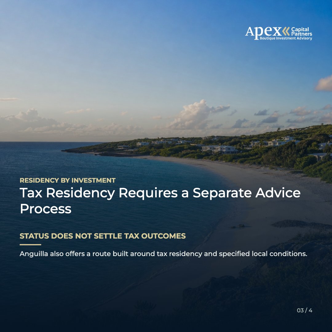 ApexCapPartners's tweet photo. Anguilla residency by investment offers three ways to establish residency: a capital contribution, approved real estate, or tax residency. The right choice depends on what you want the status to achieve and how you want your capital treated.

@ApexCapiPartners compares the complete cost and ongoing requirements of each route, coordinating with Anguilla counsel and tax advisers to find the structure that best fits your objectives.

#ApexCapitalPartners #InvestmentMigration #GlobalMobility