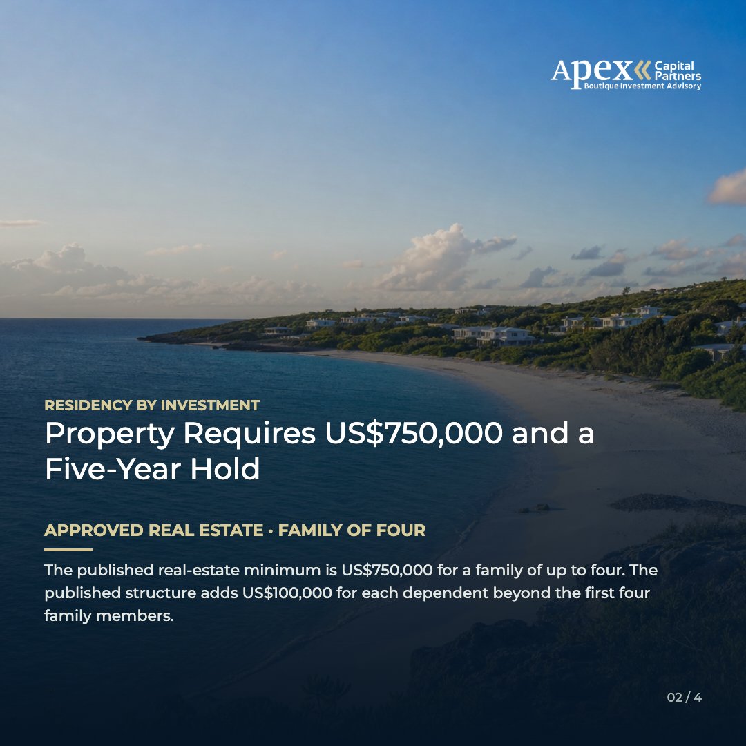 ApexCapPartners's tweet photo. Anguilla residency by investment offers three ways to establish residency: a capital contribution, approved real estate, or tax residency. The right choice depends on what you want the status to achieve and how you want your capital treated.

@ApexCapiPartners compares the complete cost and ongoing requirements of each route, coordinating with Anguilla counsel and tax advisers to find the structure that best fits your objectives.

#ApexCapitalPartners #InvestmentMigration #GlobalMobility