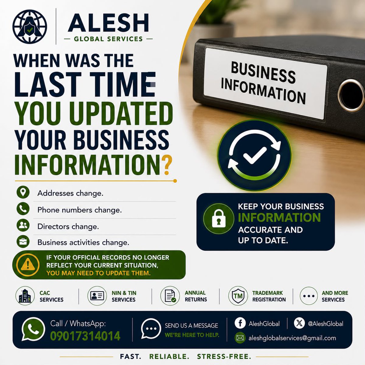 AleshGlobal's tweet photo. Businesses change.
Addresses change. Phone numbers change. Directors change. Business activities change.
If your official records no longer reflect your current situation, you may need to update them.

You should keep your business information accurate and up to date.

Contact Alesh Global Services today for file change(s) to your existing business(es) in CAC

📞 Call or WhatsApp: 09017314014

Kindly RT - someone in your TL might need help to file change(s) to their existing business(es) on CAC.

Alesh Global Services — Helping Individuals and Businesses Stay Compliant and Grow with Confidence.