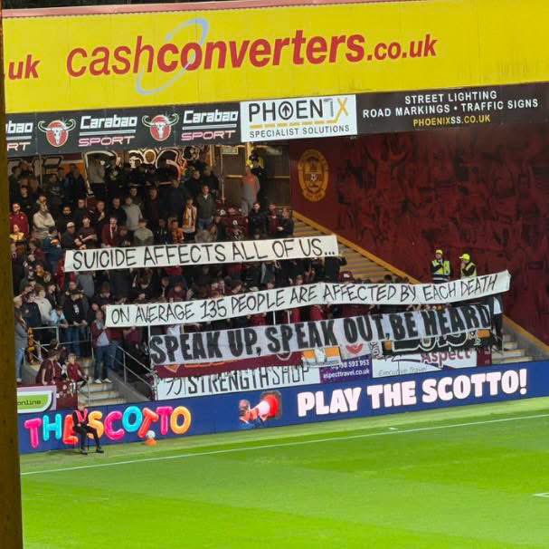 FBAwayDays's tweet photo. Motherwell fans with an important message at home to Aberdeen tonight.

“Suicide affects all of us,

On average, 135 people are affected by each death,

Speak up, speak out, be heard”.

👏❤️ https://t.co/d6Ps8rSxFh