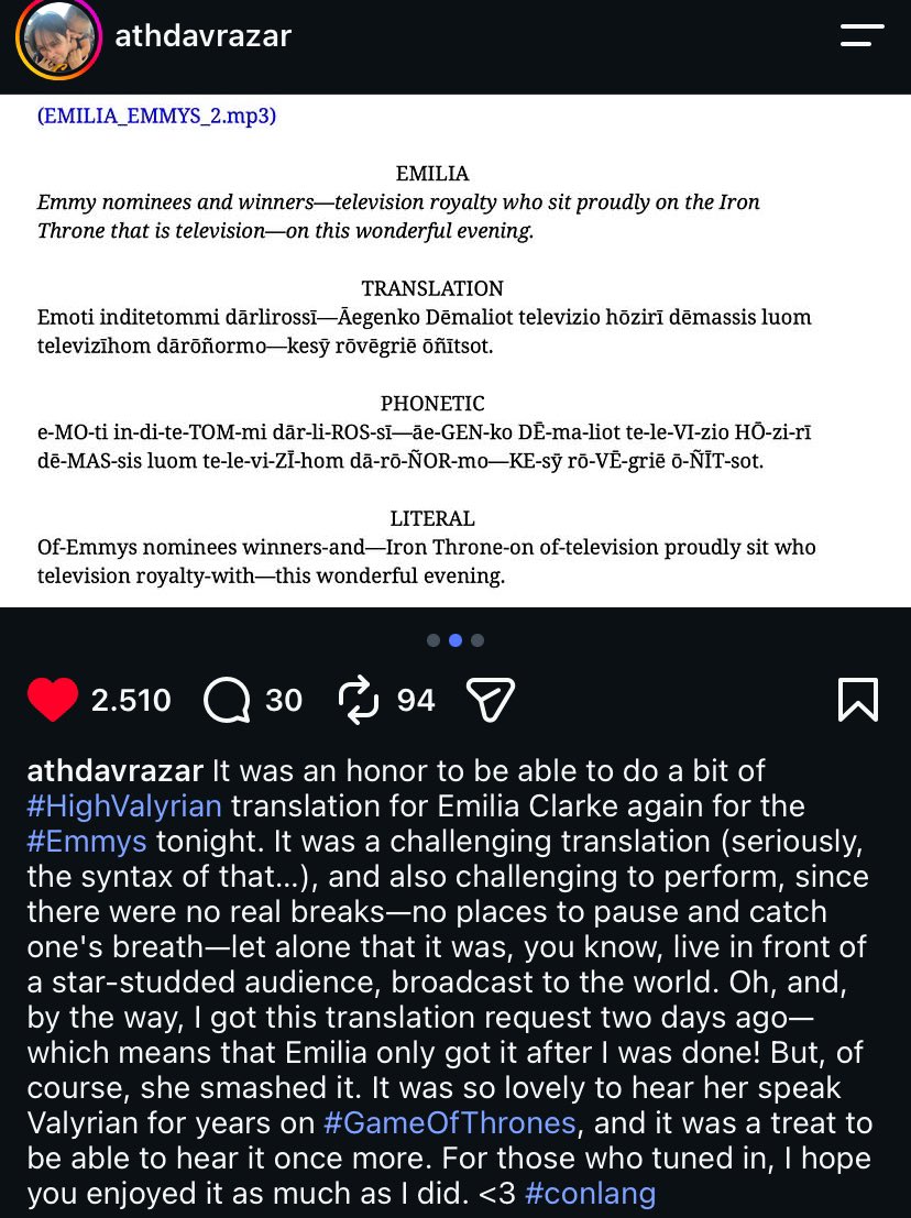 smithcelblondie's tweet photo. the fact Emilia Clarke got her High Valyrian speech less than 48 hours before the Emmys and absolutely nailed it?? oh that’s MOTHER OF DRAGONS https://t.co/YWoBr8Qfar