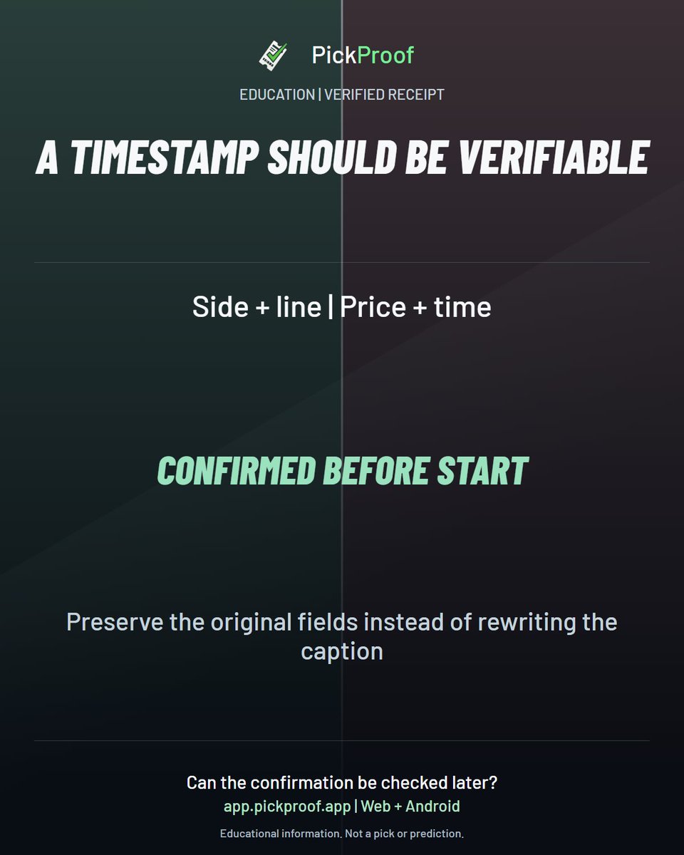PickProofApp's tweet photo. PickProof receipts preserve each Confirmed Pick's original terms and confirmation time for later review.
Should every public pick have a receipt?
Create your PickProof account:
Web:
https://t.co/m0BrrhRb5l
Android:
https://t.co/unzMgCaD50
#PickTracking https://t.co/2LP99VKLCM