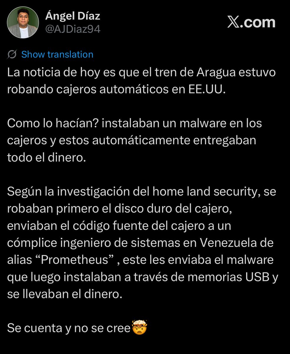 AJDiaz94's tweet photo. Alias Prometeo / el ingeniero. 

Si no saben quien es, era el ingeniero de software / hacker que estuvo involucrado en el esquema de robo de cajeros automáticos por parte del tren de Aragua en EEUU. https://t.co/MwMKj0SWAq