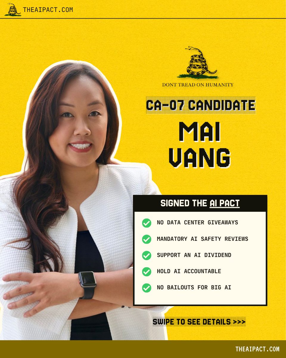 TheAIPACT's tweet photo. Mai Vang signed the AI PACT! She is running against Rep. Doris Matsui, who has received thousands of dollars in corporate donations from PG&amp;E as well telecom providers.

She also holds $3,000,000 in stock in NuBank, an AI-first banking startup.

LFG Mai! https://t.co/IPySWljVfj