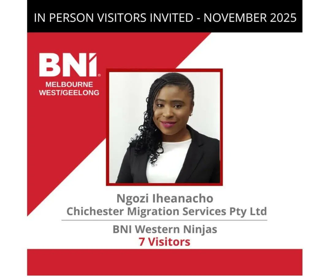 SharynPlotts's tweet photo. A huge shout-out to Ngozi Iheanacho of Chichester Migration Services and BNI Western Ninjas for her outstanding effort in November. She invited the most visitors to an in-person BNI meeting in the region, demonstrating her dedication to networking, https://t.co/Jx1UApsk24