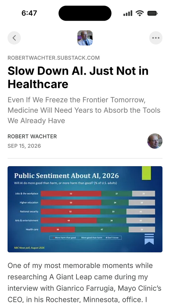 Bob_Wachter's tweet photo. We're in the midst of a Category 5 AI backlash that will likely slow the progress of frontier models. Fine – the frontier can wait.
But given healthcare's problems with quality, safety, access, &amp; cost, thoughtful adoption there can't.
My latest Substack:
https://t.co/MaFsolDXPm https://t.co/5n0hWVZGCH