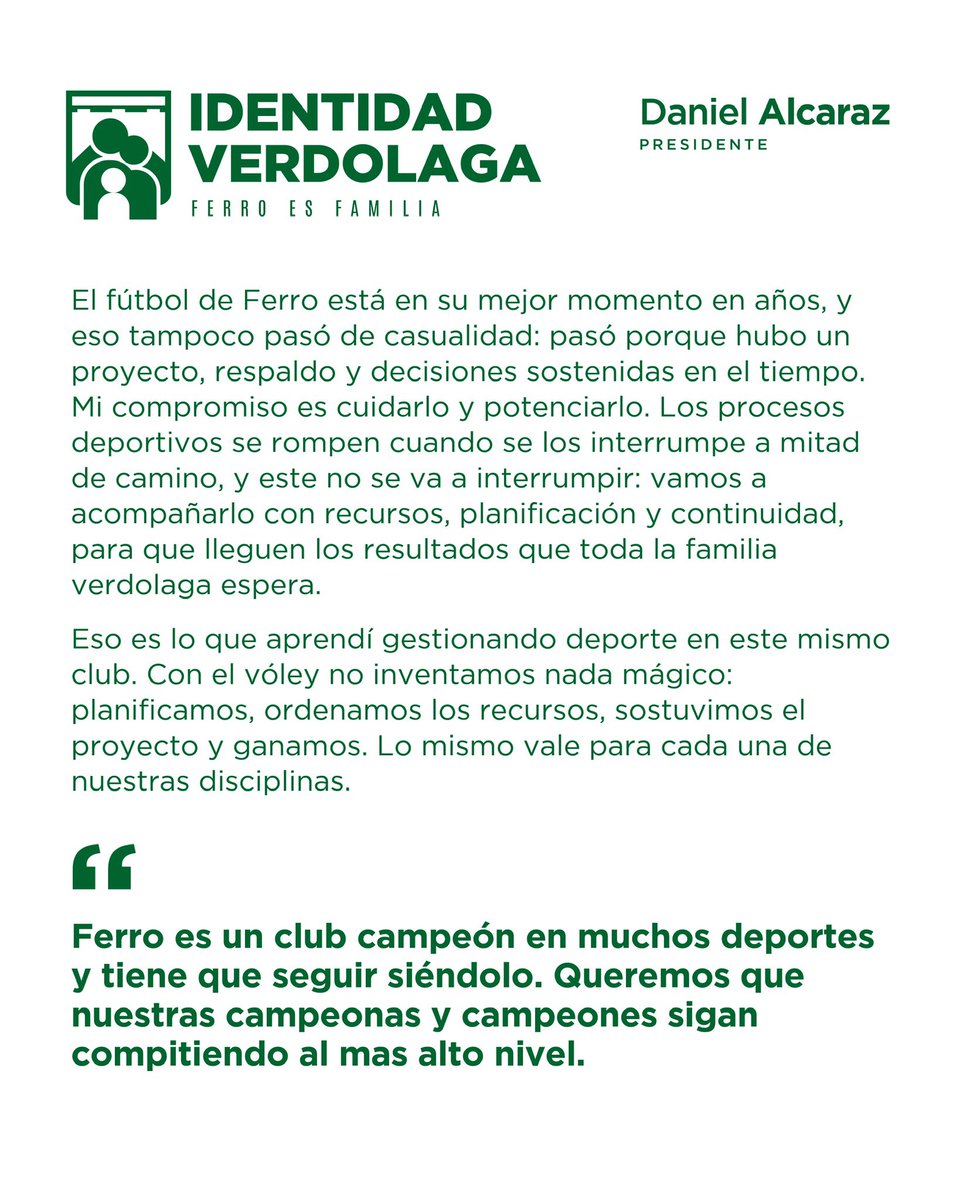 IdenVerdolaga's tweet photo. 𝐄𝐱𝐩𝐞𝐫𝐢𝐞𝐧𝐜𝐢𝐚 𝐩𝐚𝐫𝐚 𝐠𝐞𝐬𝐭𝐢𝐨𝐧𝐚𝐫. 𝐏𝐫𝐨𝐟𝐞𝐬𝐢𝐨𝐧𝐚𝐥𝐢𝐬𝐦𝐨 𝐩𝐚𝐫𝐚 𝐬𝐞𝐠𝐮𝐢𝐫 𝐜𝐫𝐞𝐜𝐢𝐞𝐧𝐝𝐨. 𝐏𝐞𝐫𝐭𝐞𝐧𝐞𝐧𝐜𝐢𝐚 𝐩𝐚𝐫𝐚 𝐜𝐮𝐢𝐝𝐚𝐫 𝐥𝐨 𝐪𝐮𝐞 𝐥𝐨𝐠𝐫𝐚𝐦𝐨𝐬.

Daniel Alcaraz, una vida ligada a @FerroOficial y la experiencia necesaria para seguir construyendo el club que queremos.

#IdentidadVerdolaga 💚
#FerroNoSeDetiene 🚂