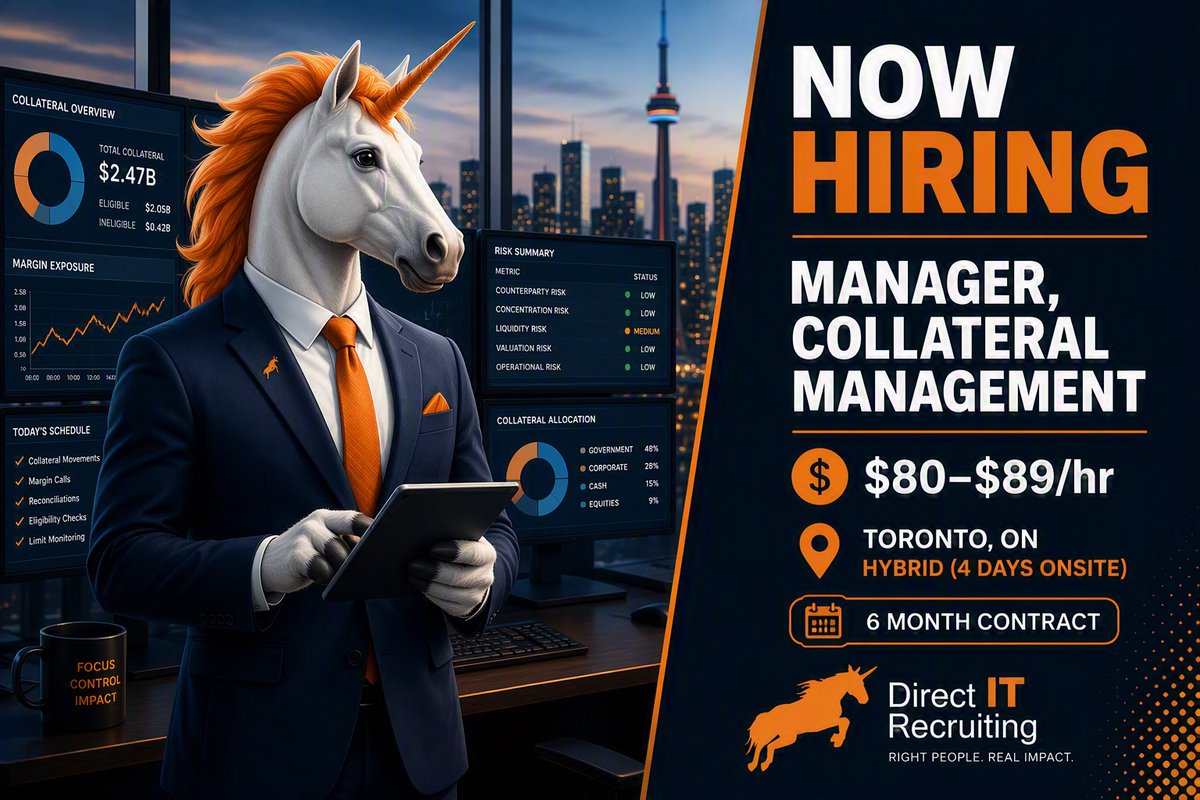 DarlaSomerville's tweet photo. HIRING: Manager, Collateral and Liquidity Operations, 6-month Contract, Toronto $80-89/hr Apply https://t.co/qViYGaiOYu
#Hiring #CollateralManagement #LiquidityOperations #CapitalMarkets #InvestmentOperations #BuySide #TorontoJobs #CFA #HybridWork #ContractRole #JobOpening #FinanceJobs #OpenToWork #DirectITRecruiting #Toronto #Contract #IT #manager #Investments