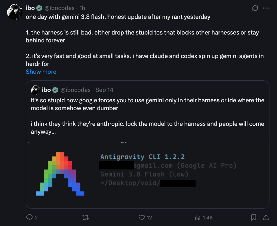 Screenshot of the quoted Antigravity status update saying Gemini 3.8 Flash was under high load and rate limits would be reset