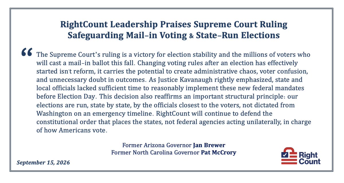RightCount's tweet photo. RightCount State Chairs and former Govs. @GovBrewer &amp; @PatMcCroryNC offer a joint statement in support of the U.S. Supreme Court's ruling safeguarding mail-in voting for the midterm elections. https://t.co/d2BPhbJRCB