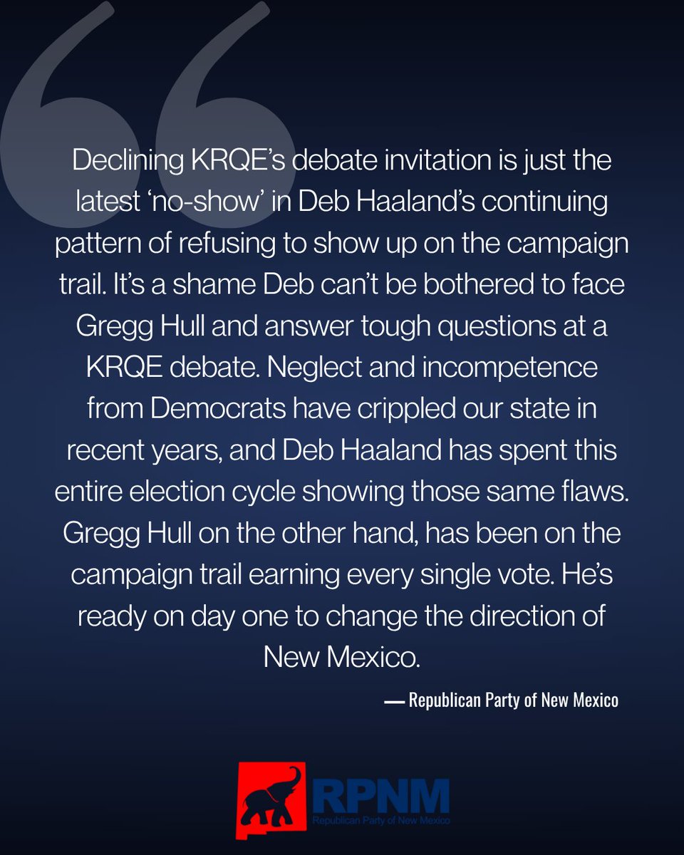 NewMexicoGOP's tweet photo. 🚨 @DebHaalandNM has DECLINED the debate invitation from @krqe. What is she hiding? Why does she refuse to show up and face New Mexico voters?

@GreggHullforNM 

RPNM releases the following statement ⬇️ https://t.co/3M6TCLq2zZ
