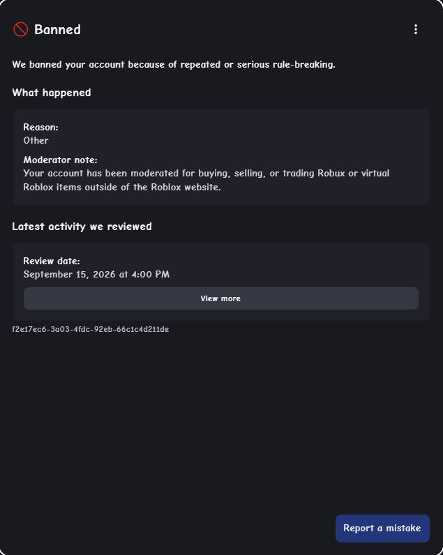 Blaze5155's tweet photo. *Roblox TERMINATED my account over alleged off-platform Robux trading.*

I'm the creator of Build A Plane, closing in on a *BILLION* visits. 

This was my main account for years, used to pay developers and send group payouts, all legit.

So many impacted, when will this be fixed? https://t.co/yq4UZqyjR0