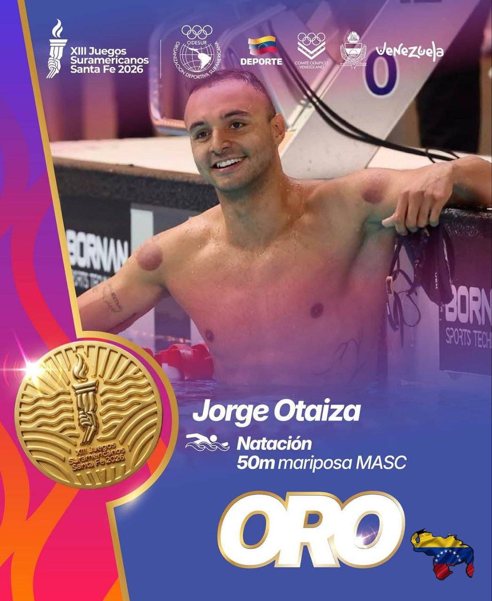 EmbCongo_ve's tweet photo. El nadador venezolano Jorge Otaiza regala a Venezuela la medalla de oro en la categoría de 50 metros mariposa de los XIII Juegos Suramericanos Santa Fe 2026. 
@Cancilleria_ve @plasenciafelixr @ypimentel2021 
#BringThemBack
#FreeThemNow
#FreeMaduro
#FreeCilia https://t.co/vdDh6Yg0Tg