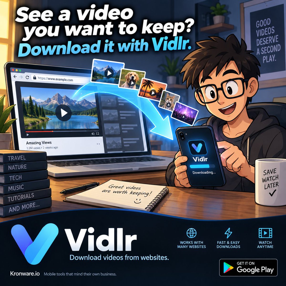 kronwareio's tweet photo. See a video you want to keep?
📥 Download it with Vidlr.
Save videos from websites and watch them whenever you want.
https://t.co/3Dae3VbXGe
#Vidlr #VideoDownloader #Video #Downloads #Android #MobileApps #Kronware https://t.co/OItawHZwsi