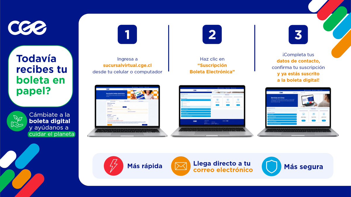 CGE_Clientes's tweet photo. 🧾📩 Deja atrás el papel y recibe tu #BoletaDigitalCGE directamente en tu correo electrónico. Para suscribirte, ingresa a 👉 https://t.co/LwLtVoDyIT. Una alternativa práctica y rápida que, además, contribuye al cuidado del medioambiente 🌱 https://t.co/4psuwCJEwx