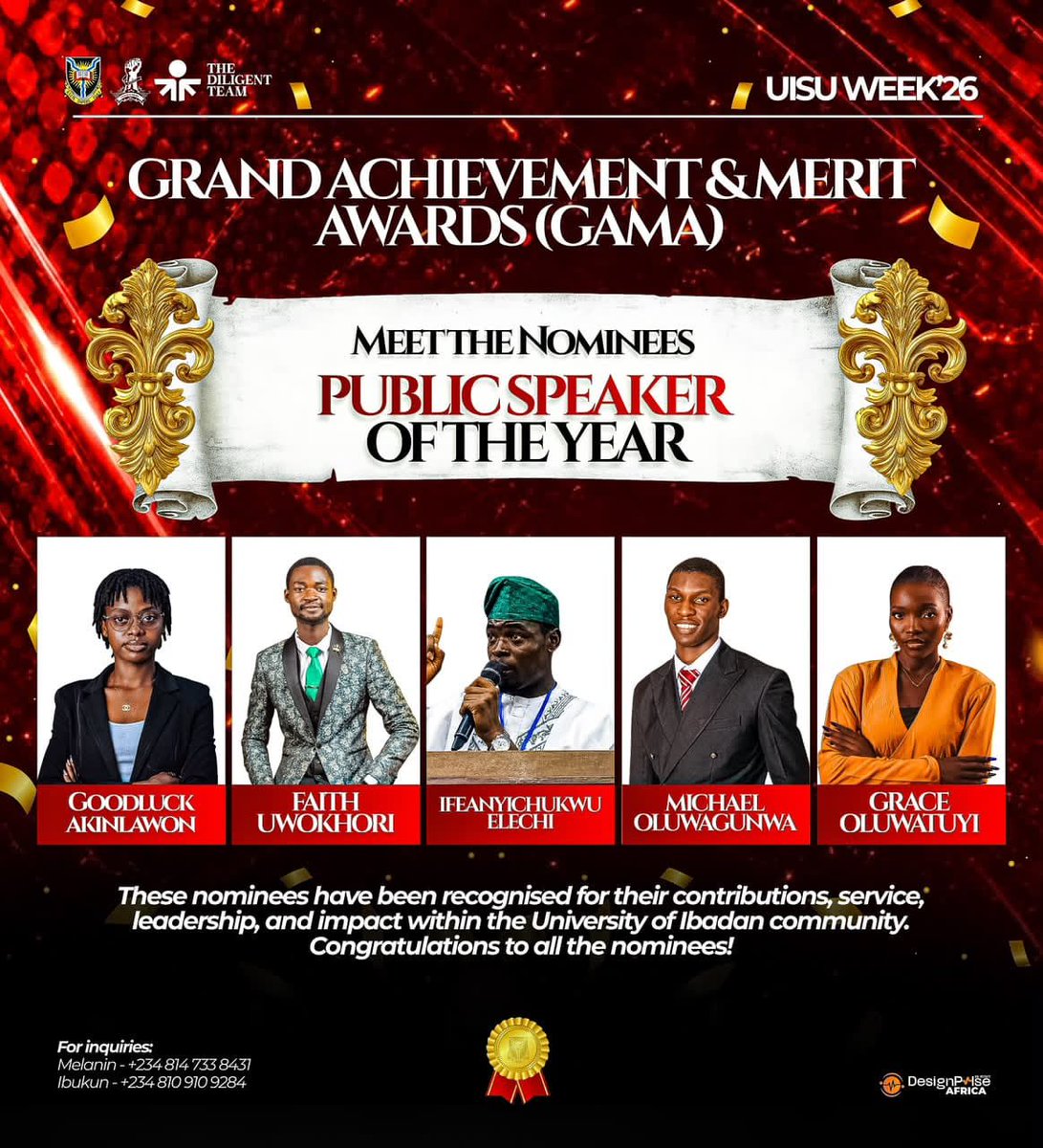 studentsunionui's tweet photo. Creating the moments! Representing with Honour! Building in Sports! Maximizing the power of Words!
Meet your Nomineess for CREATIVE, HONORABLE, SPORT PERSON, PUBLIC SPEAKER of the Year🎨✨
#AwardNight #GrandMosaic #UISUWeek26 #TheDiligentTeam https://t.co/1lwd9JmOc3
