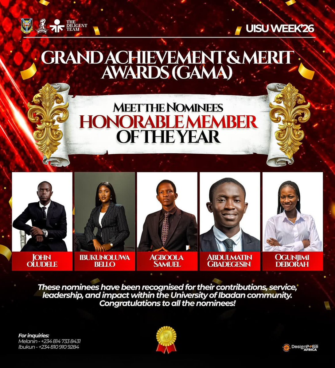 studentsunionui's tweet photo. Creating the moments! Representing with Honour! Building in Sports! Maximizing the power of Words!
Meet your Nomineess for CREATIVE, HONORABLE, SPORT PERSON, PUBLIC SPEAKER of the Year🎨✨
#AwardNight #GrandMosaic #UISUWeek26 #TheDiligentTeam https://t.co/1lwd9JmOc3