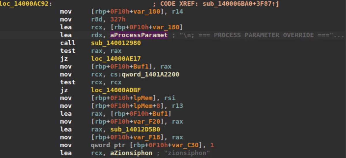 Screenshot of assembly code with syntax highlighting. 