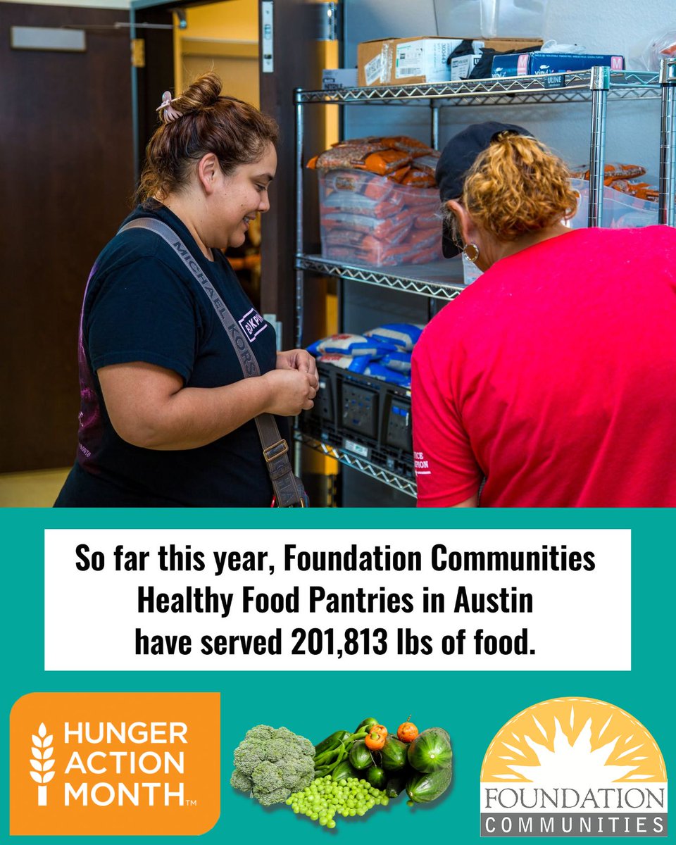 foundcom's tweet photo. 🎉So far this year, Foundation Communities' Healthy Food Pantries in Austin have served more than 200,000 pounds of food, to almost 8,000 families through 210 distributions all over the city - all at no cost to our neighbors! 🥬 https://t.co/MNNrMSkJGc. #HungerActionMonth https://t.co/dWMiusFKV9