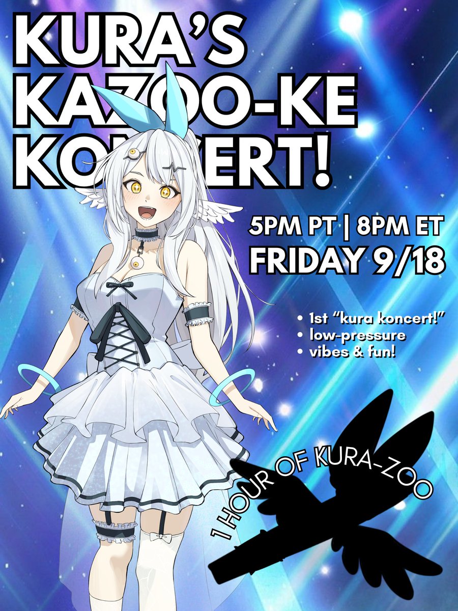 kuraiyn's tweet photo. ✨You're invited to Kura's Kazoo-ke Koncert! 1-hour of kazoo'd songs, as promised for all of your support~ I'll be debuting my KURAZOO chibi then, too! I hope to see you there!🎵
✰
👁️Friday, September 18th
🕓5pm PT┆8pm ET
✰
📺Find me on IRIAM: https://t.co/DwRbLSDkmk
#kuraiyn https://t.co/XJ31NRU7Up