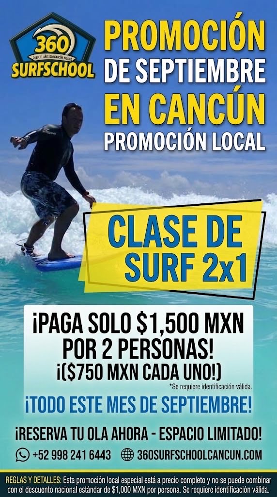 360SurfCancun's tweet photo. ¡GRAN PROMOCIÓN EN CANCÚN!

Este septiembre, trae a un amigo: ¡clases de surf 2x1 en 360 Surf School!

$1,500 MXN por 2 personas ($750 c/u).

Promo local con identificación válida. Cupo limitado.

Reserva: https://t.co/xmPM0JcUWU

#Cancún #Surf https://t.co/YzNzA7JziW