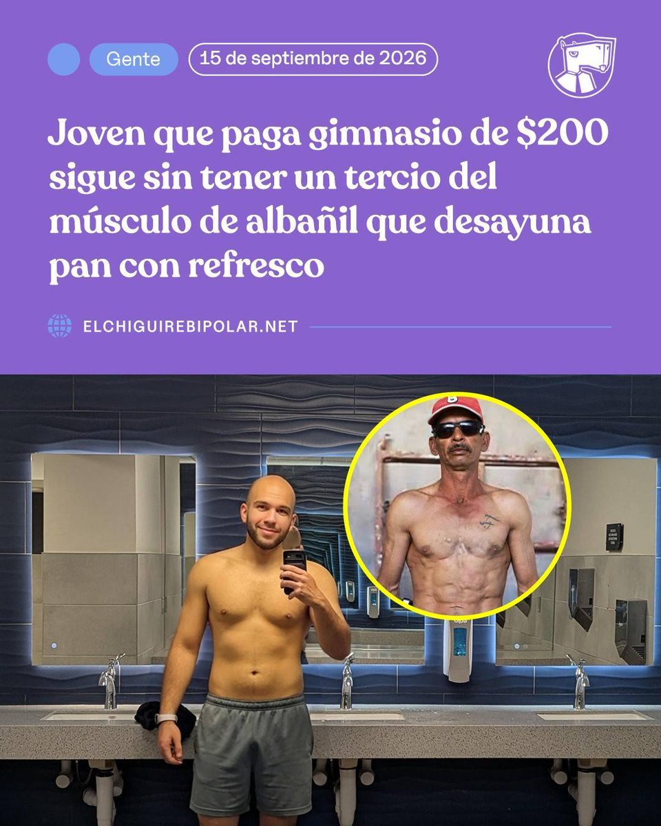 ChiguireBipolar's tweet photo. Joven que paga gimnasio de $200 sigue sin tener un tercio del músculo de albañil que desayuna pan con refresco https://t.co/qb3B7uzaJv https://t.co/2APZhonaOr