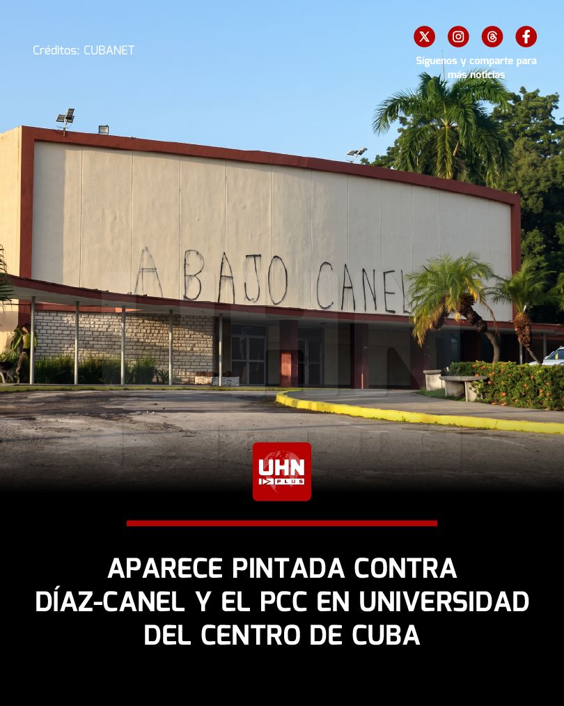 UHN_Plus's tweet photo. 🇨🇺‼️ | Un enorme cartel contra el régimen cubano amaneció pintado en la fachada del Teatro Universitario de la Universidad Central "Marta Abreu" de Las Villas, en Santa Clara, con la frase "Abajo Canel y el PCC" —en alusión al gobernante Miguel Díaz-Canel y al Partido Comunista de Cuba—, justo el día en que arrancaba el nuevo curso escolar en la isla, según reportó Cubanet. Las autoridades reaccionaron de inmediato tapando la pintada con banderas del Movimiento 26 de Julio, la organización guerrillera que Fidel Castro fundó en los años 50 y que, bajo los estándares actuales, sería catalogada como un grupo insurgente armado, y de la que nació el régimen que somete a la isla desde 1959.