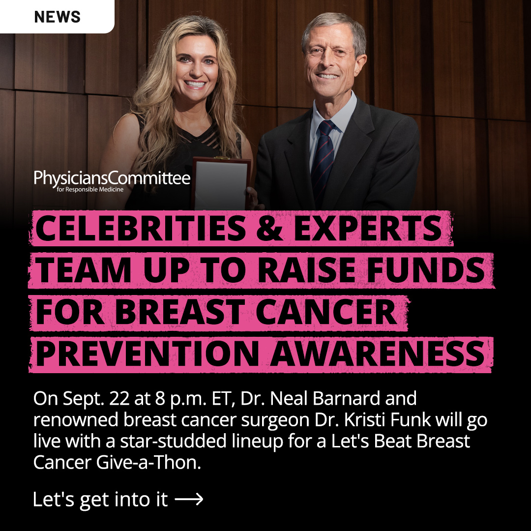 PCRM's tweet photo. On Tuesday, Sept. 22, at 8 p.m. ET, join Dr. Neal Barnard and renowned breast cancer surgeon Dr. Kristi Funk live for our Let’s Beat Breast Cancer Give-a-Thon.

Already know you’ll be there? Head to YouTube now and click “Notify me” to get a reminder when we go live.

Here’s a link to do so: https://t.co/eARl29xr7I 

Together, we can beat breast cancer 💖