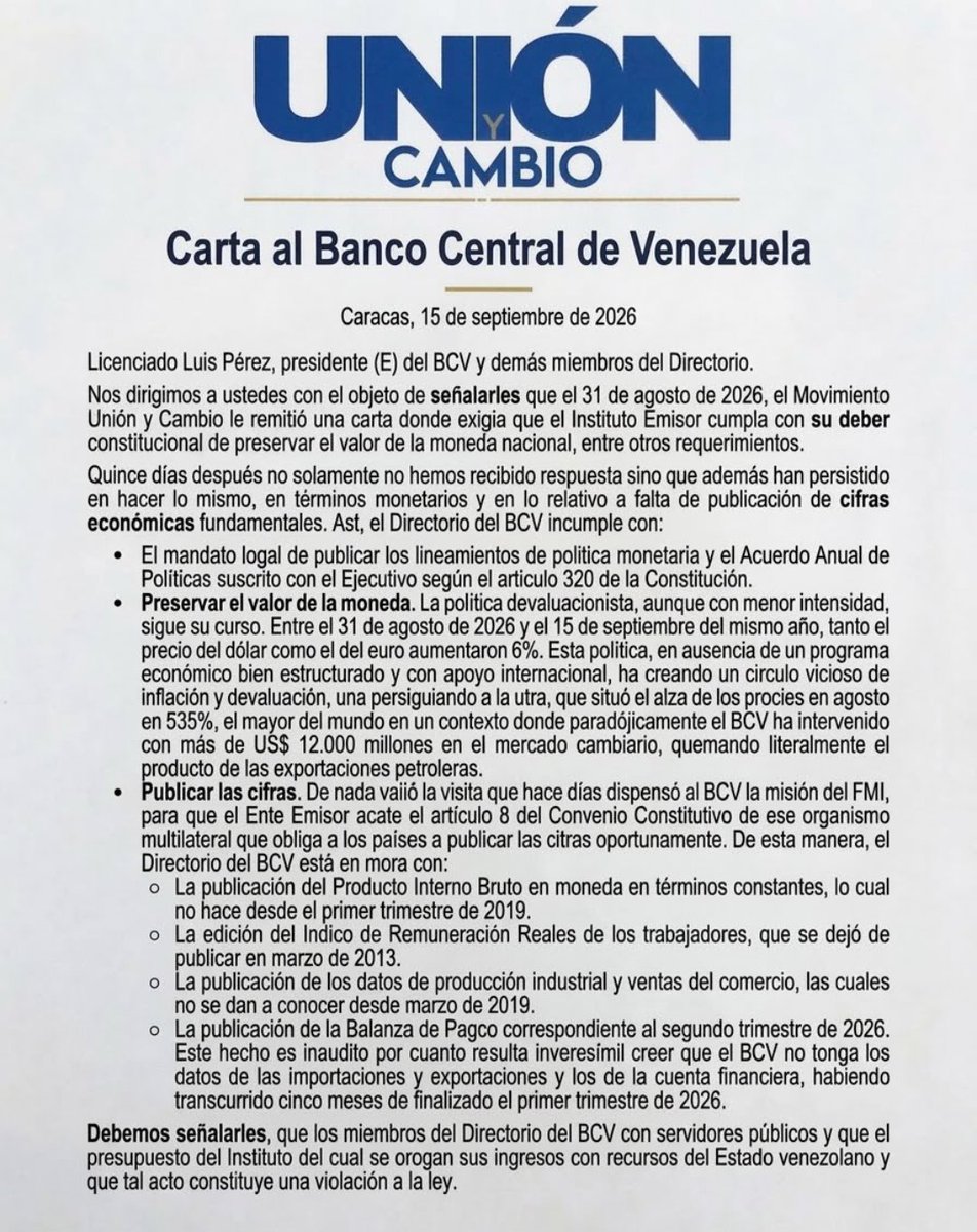 JoseAGuerra's tweet photo. Al presidente encargado del BCV y al Directorio. Por lo menos respeten y respondan la carta enviada el 31 de agosto.
Cumplan con la Constitución y publiquen los Lineamientos de Política Monetaria y el Acuerdo Anual de Política firmado con el Gobierno.
Publiquen las cifras. https://t.co/tVXXNqHSnW