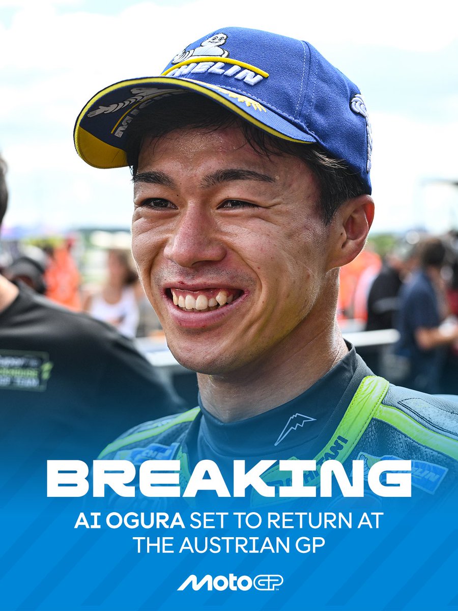 MotoGP's tweet photo. BREAKING: @AiOgura79 is set to return to action at the #AustrianGP 🇦🇹 pending a final medical check on Thursday ✅

#MotoGP https://t.co/iCbPv98vFF