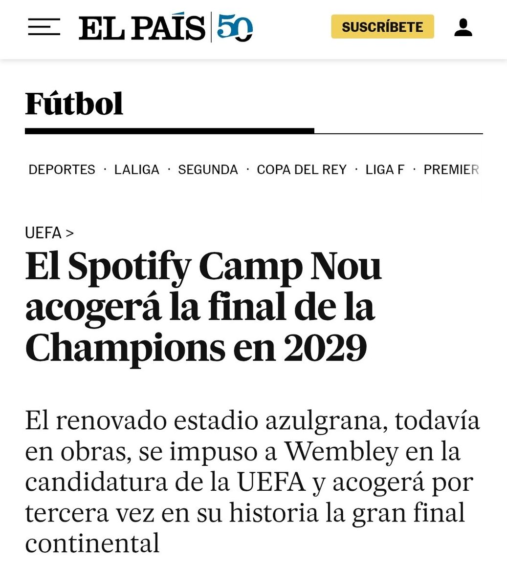 MiguelGalanCNFE's tweet photo. 《■⚖️🔥 FINAL DE CHAMPIONS 2029 EN EL CAMP NOU: el acto concluyente que entierra definitivamente el 'caso Negreira'■》

La UEFA acaba de asignar al Spotify Camp Nou la final de la Champions League de 2029. Más allá de la lectura deportiva, la decisión tiene una innegable dimensión jurídica que conecta directamente con el "caso Negreira".

No fue uno, ni dos, sino muchos los tuits jurídicos que publiqué esta temporada explicando esta cuestión: no existe delito de corrupción deportiva y, mucho menos, infracción administrativa sancionable, porque los hechos llegaron ya objetivamente prescritos conforme a la antigua Ley del Deporte de 1990, aplicable por razones temporales a los pagos imputados.

Conviene desmontar de una vez los bulos que circulan: ni el Gobierno, ni Albert Soler, ni Rubiales, ni la RFEF intervinieron o contribuyeron en modo alguno a esa prescripción. 

No se cambió ninguna ley, ni se modificó ningún código ético para favorecer al FC Barcelona. Todo eso es sencillamente falso. 

La prescripción venía ya consumada por el simple transcurso de los plazos de la Ley de 1990, sin necesidad de actuación, ni acción ni omisión, de autoridad alguna.

En el plano UEFA, la conclusión es idéntica: el plazo de su Reglamento Disciplinario se agotó sin incoación de procedimiento sancionador formal, pues el mero "expediente informativo" carece de virtualidad interruptiva de la prescripción, y los hechos no son subsumibles en las categorías imprescriptibles de match-fixing o soborno.

La asignación de la final de 2029 constituye un acto concluyente que confirma cuanto vengo sosteniendo: la UEFA jamás habría otorgado a un club la sede de su máxima final continental si considerase jurídicamente viable una imputación disciplinaria. 

Al designar al Camp Nou, exterioriza que la vía sancionadora deportiva está definitivamente clausurada, tal y como expliqué, tuit a tuit, cuando muchos vendían sanciones imposibles.

El derecho no se improvisa: se acredita. 

Y el tiempo, una vez más, me ha dado la razón.