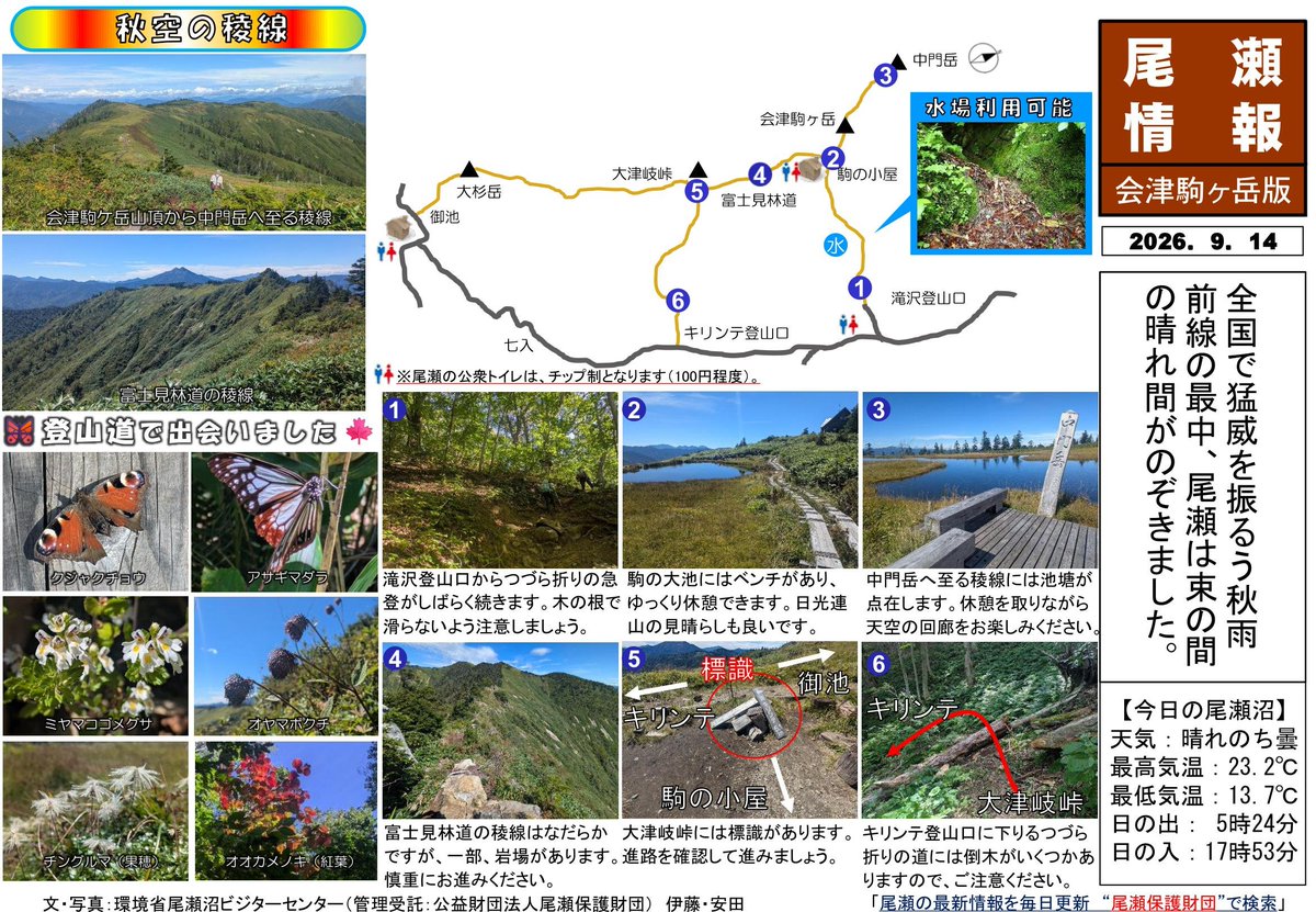 Ozenuma_VC's tweet photo. 2026年9月14日（月）の会津駒ヶ岳付近の登山道の様子をお伝えします。
https://t.co/jfVPre6Xsj https://t.co/p1wH0JvrgJ