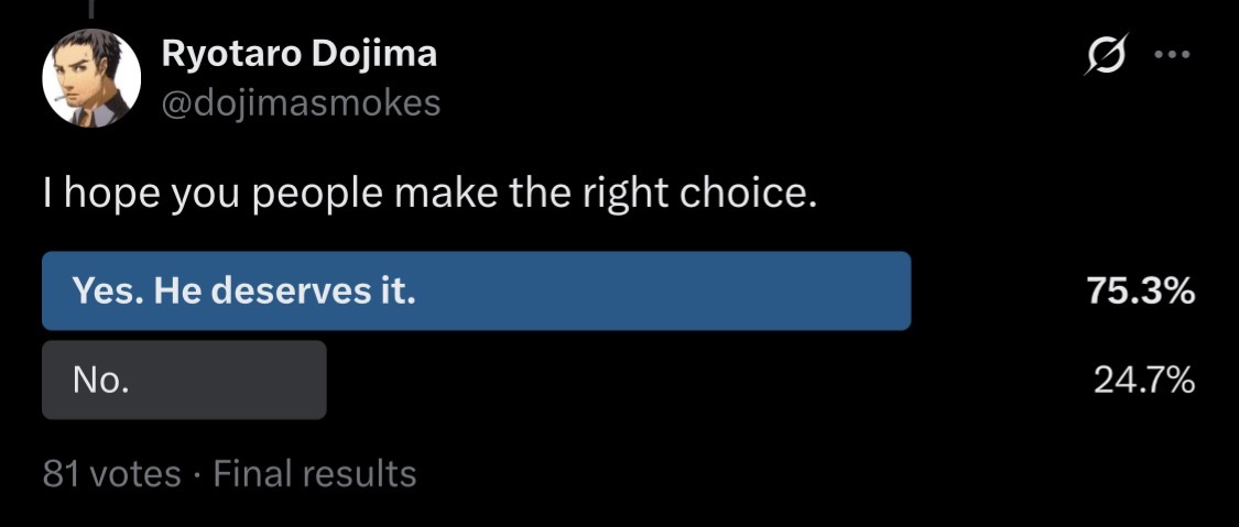 dojimasmokes's tweet photo. Okay. It’s been decided. I would say I’m looking for another partner but I think I already have someone. Adachi will be fired shortly after I post this. Thank you everyone. ❤️ https://t.co/ZpocTQL5J9