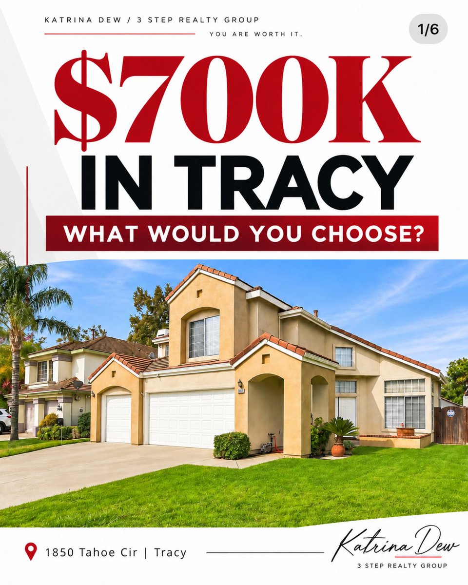 3StepRealty's tweet photo. $700K in Tracy — what would you choose?

🏊 Pool
🌳 Bigger yard
🏠 Single story
💰 Lower price + some updating

There isn’t one “right” house. There’s the house that fits you.

DM POOL and tell me what matters most. 🏡

#TracyCA #TracyRealEstate #HomeBuying https://t.co/zUUzo4Q8Q9