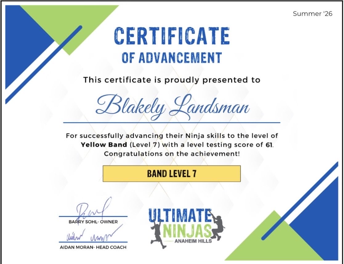 BlakelyLandsman's tweet photo. Leveled up at Elite Team Band Testing @ Ultimate Ninjas Anaheim Hills. 
#classof2031
#americanninjawarrior
#obstaclecoursetraining
#softballpitcher https://t.co/KAlKfbb2tU