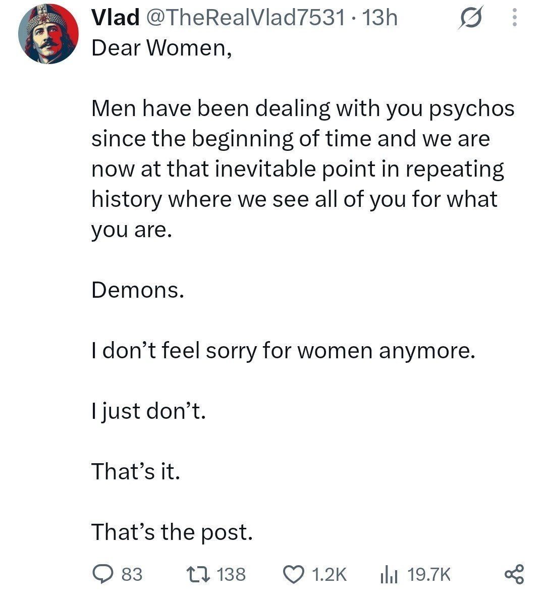FreudsBanana's tweet photo. Vlad the Impaler, a classic choice for the impotent, the weak, reveals a insecurity so profound it borders on the infantile. Clearly, his mother failed to wean him adequately, and thus he views all women as cold, withholding, and demonic. https://t.co/4w2650cfDt