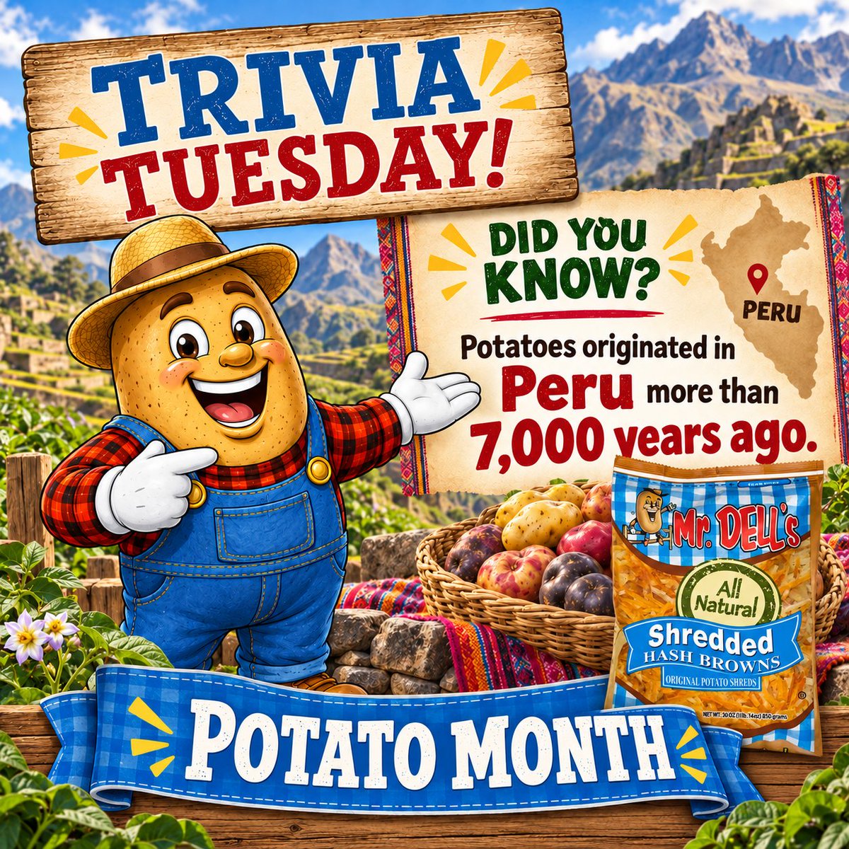 MrDellsTweets's tweet photo. 🥔 Trivia Tuesday! Did you know potatoes originated in the Andes of Peru more than 7,000 years ago?
From ancient beginnings to breakfast favorites, potatoes offer endless possibilities—and Mr. Dell’s keeps it simple with just one ingredient: potatoes!
#PotatoMonth #MrDells https://t.co/xfRMEyCHlH