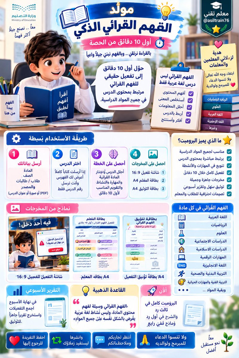 asiltrain76's tweet photo. 🔥 «مولّد الفهم القرائي الذكي | أول ١٠ دقائق»

🌟 معلمينا ومعلماتنا الأعزاء… هذه المرة الهدية لكل من يريد تفعيل الفهم القرائي داخل حصته بطريقة عملية ومنظمة 👇

الفكرة ليست «قطعة وأسئلة» نكررها في كل مادة ❌
الفكرة أن يصبح الفهم القرائي وسيلة تساعد الطالب على فهم محتوى الدرس نفسه، وبطريقة تختلف باختلاف المادة.

👇 الشرح في أول رد
👇 فيديو طريقة الاستخدام في ثاني رد
👇 البرومبت الكامل في ثالث رد
👇 نماذج من إبداعات البرومبت في رابع رد

❤️ احفظ التغريدة للرجوع إليها وقت الحاجة.
🔁 وانشرها ليستفيد منها زملاؤك.
💬 وأنتظر تجاربكم وملاحظاتكم للتطوير.
🤲 وإذا استفدت فلا تنسني ووالدي من دعوة صادقة.

🚀 والقادم بإذن الله أجمل.

🌹 ويسعدني عند النقل أو إعادة النشر الإشارة إلى الحساب:
@asiltrain76

#الفهم_القرائي #المعلمين #المعلمات #استراتيجيات_التدريس #معلم_تقني #ChatGPT