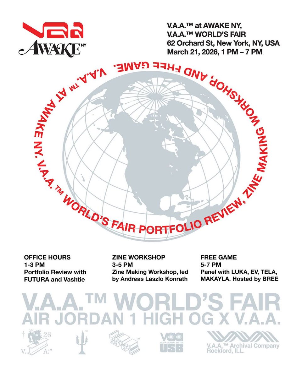 Hect0r93's tweet photo. Join us for the V.A.A.™ WORLD'S FAIR at Awake NY, celebrating the AJ1 High OG × V.A.A. collaboration.

Awake NY and V.A.A.™ have organized a day featuring a Zine Workshop, "Office Hours" portfolio reviews, and a "Free Game" panel this Saturday, March... https://t.co/PZcfeBmYx7