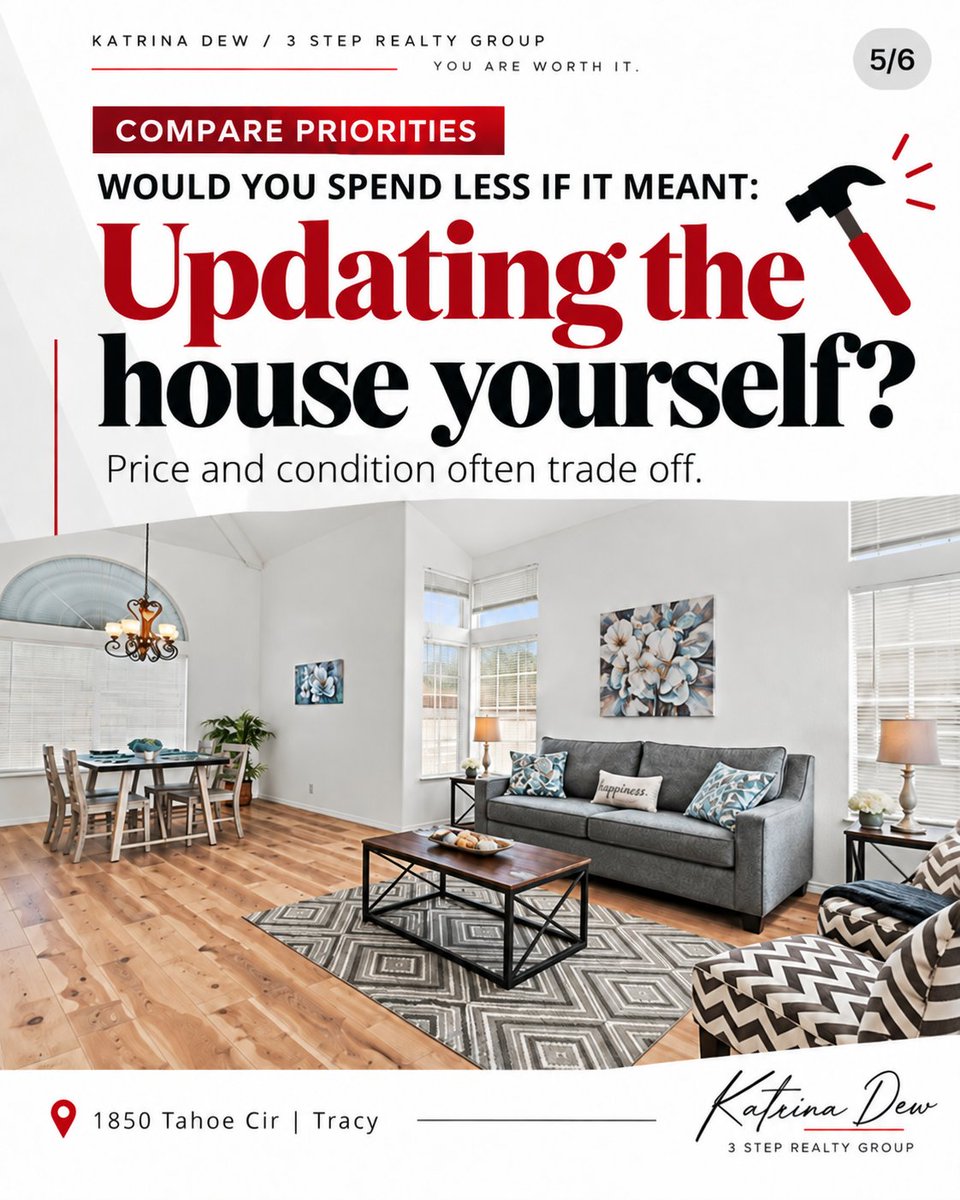 3StepRealty's tweet photo. Would you spend less if it meant updating the house yourself? 🔨

Some buyers want move-in ready. Others would rather save on the purchase price and make the home their own.

MOVE-IN READY or FIX IT YOUR WAY?

#TracyRealEstate #HomeBuyer #RealEstateTips https://t.co/5O5fCyWitv